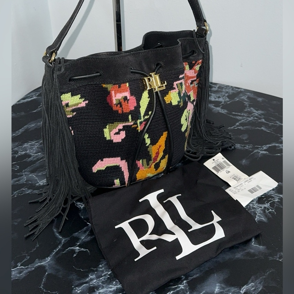 LAUREN RALPH LAUREN Needlepoint Medium Andie Drawstring Crossbody Bag AUTHENTIC - Picture 2 of 15